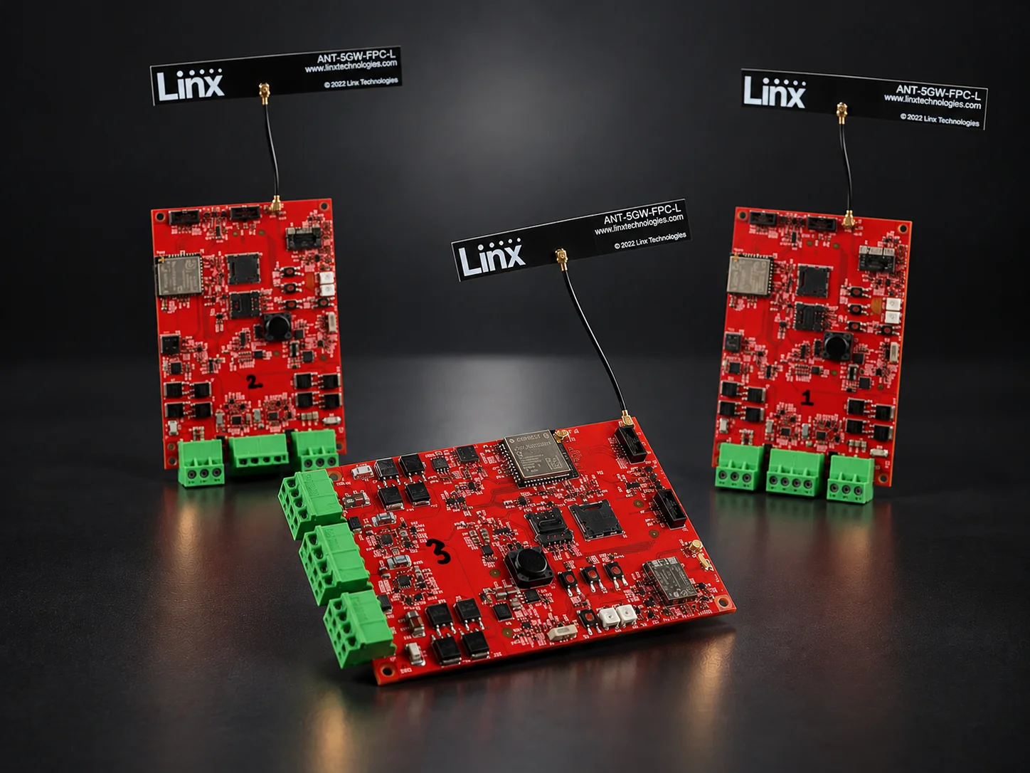 Red LED strip controller PCBs with nRF9161 LTE-M module and external antennas
